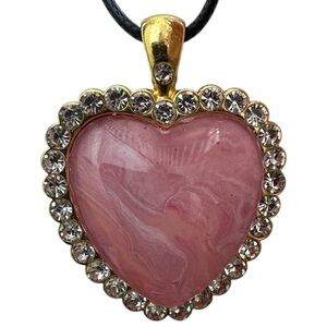 Handmade Pink Heart Pendant Necklace Rhinestone Gold Tone Frame Fluid Art